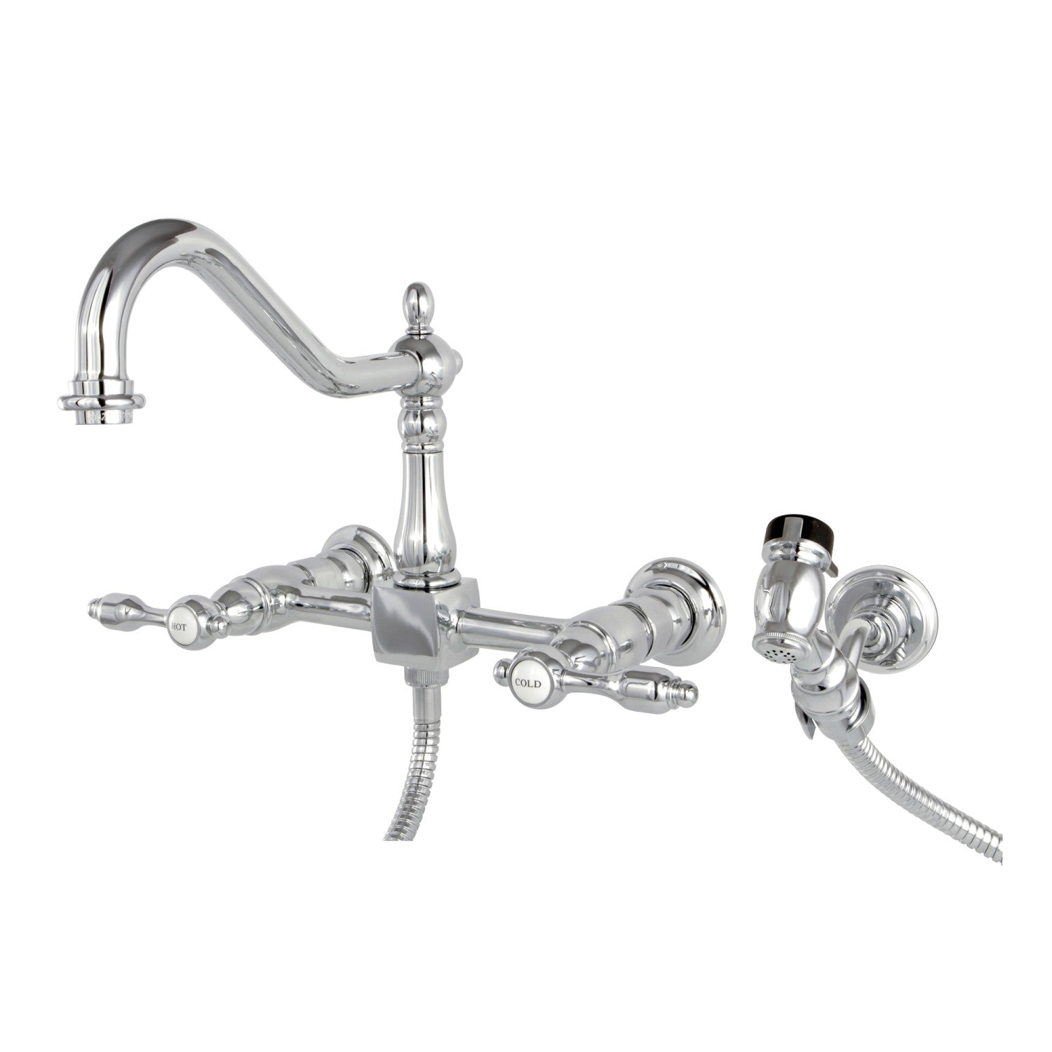 Kingston Heirloom KS1241TALBS - Tudor Two-Handle 3-Hole Wall Mount Bridge Kitchen Faucet with Brass Sprayer, Polished Chrome — image 1